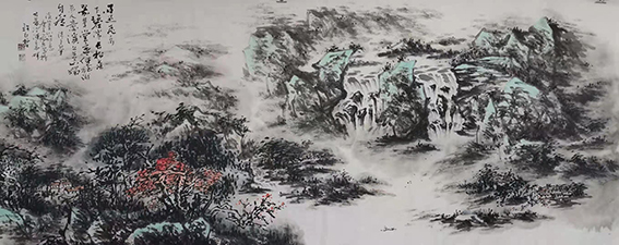 许红哲作品15《雨过飞泉下碧湍 长松落翠草堂寒》  尺寸：90X240cm